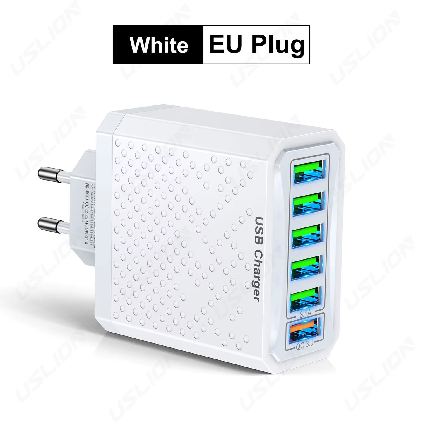 6 in 1 USB Charger QC3.0 Fast Charging Quick Charger for Samsung S23 Xiaomi Mobile Phone Charge Adapter EU/KR/US/UK Plug