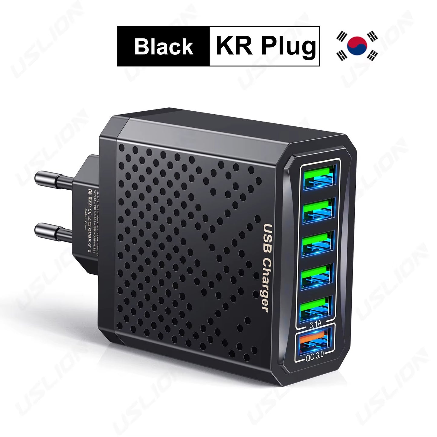 6 in 1 USB Charger QC3.0 Fast Charging Quick Charger for Samsung S23 Xiaomi Mobile Phone Charge Adapter EU/KR/US/UK Plug
