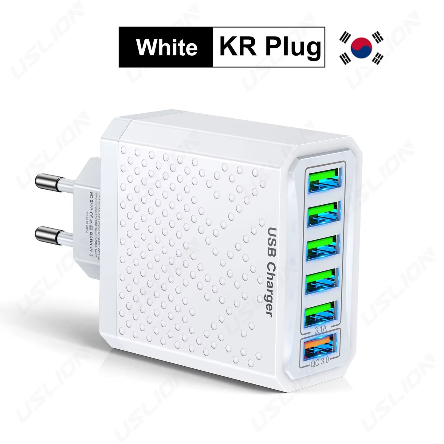 6 in 1 USB Charger QC3.0 Fast Charging Quick Charger for Samsung S23 Xiaomi Mobile Phone Charge Adapter EU/KR/US/UK Plug