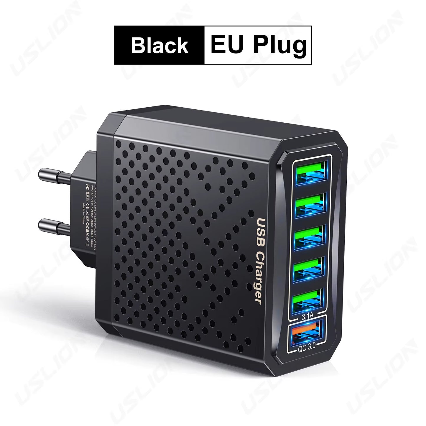 6 in 1 USB Charger QC3.0 Fast Charging Quick Charger for Samsung S23 Xiaomi Mobile Phone Charge Adapter EU/KR/US/UK Plug