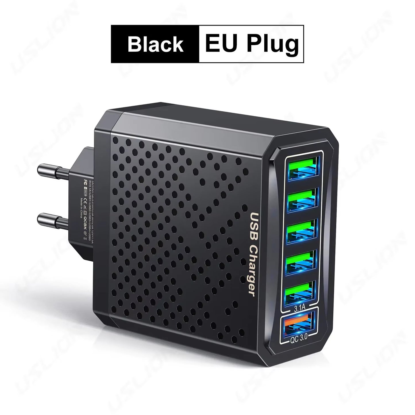 6 in 1 USB Charger QC3.0 Fast Charging Quick Charger for Samsung S23 Xiaomi Mobile Phone Charge Adapter EU/KR/US/UK Plug