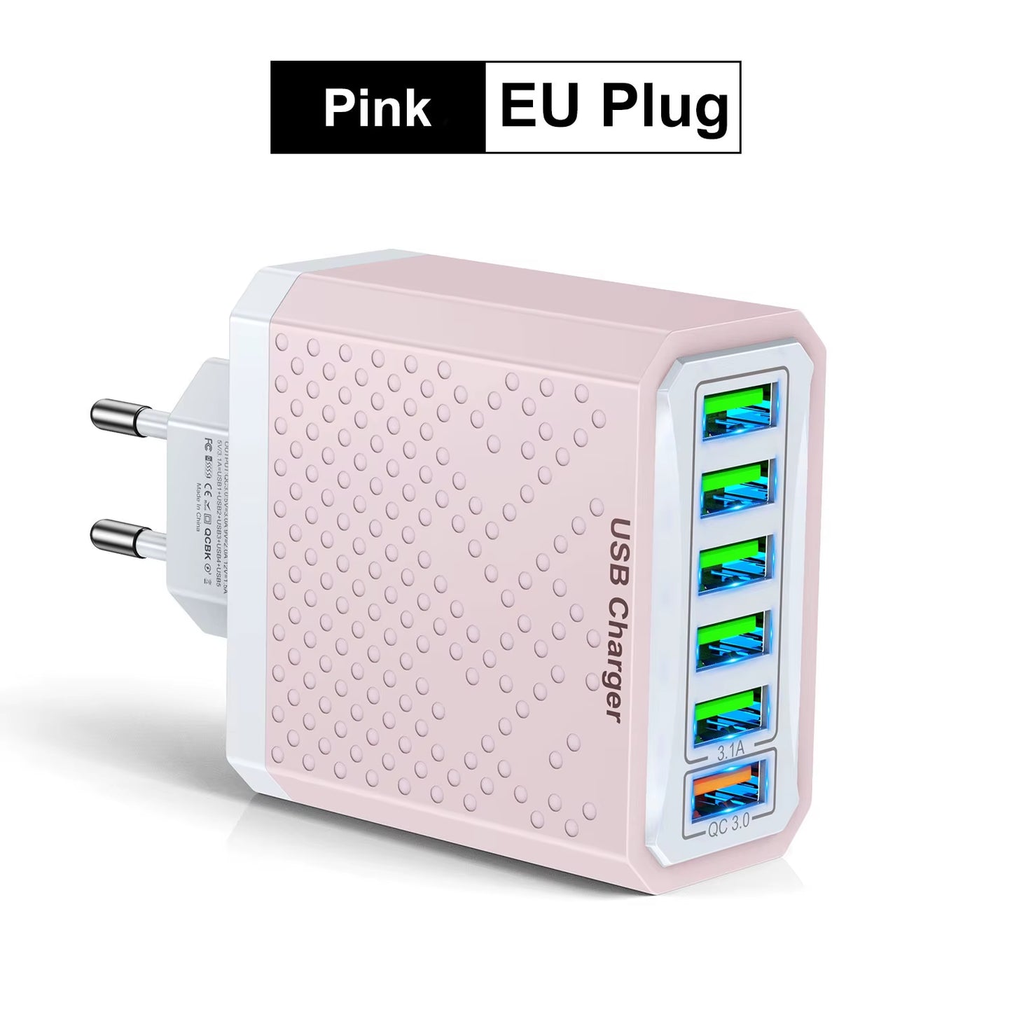 6 in 1 USB Charger QC3.0 Fast Charging Quick Charger for Samsung S23 Xiaomi Mobile Phone Charge Adapter EU/KR/US/UK Plug