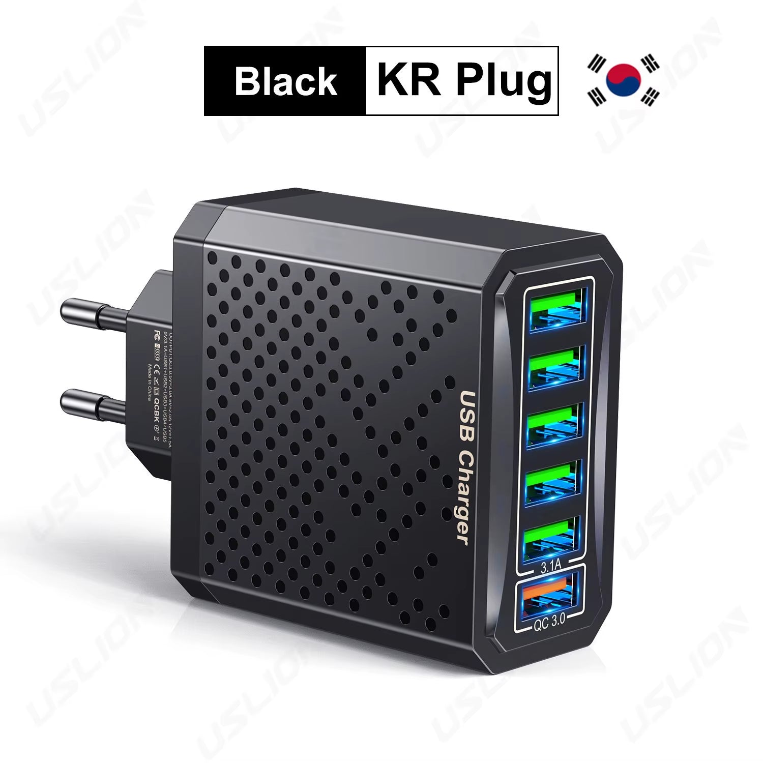 6 in 1 USB Charger QC3.0 Fast Charging Quick Charger for Samsung S23 Xiaomi Mobile Phone Charge Adapter EU/KR/US/UK Plug