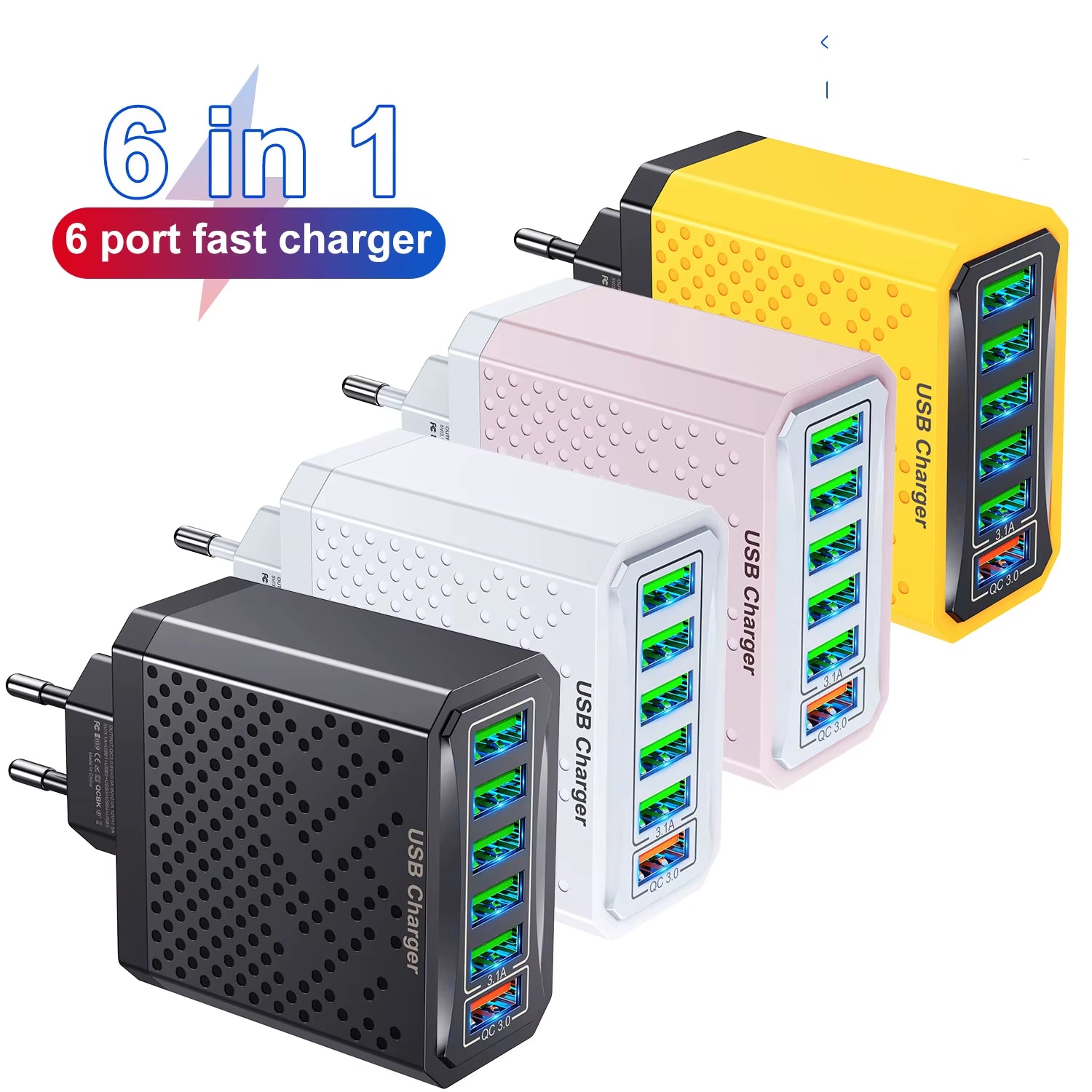 6 in 1 USB Charger QC3.0 Fast Charging Quick Charger for Samsung S23 Xiaomi Mobile Phone Charge Adapter EU/KR/US/UK Plug